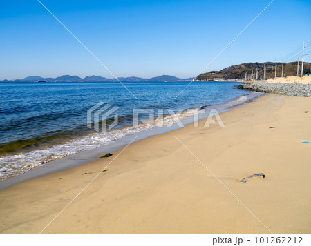 美しく穏やかで青い海(博多湾)と海岸。(福岡市東区内の海岸) 101262212
