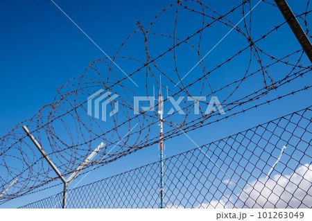 Barbed wire against blue cloudless sky 101263049