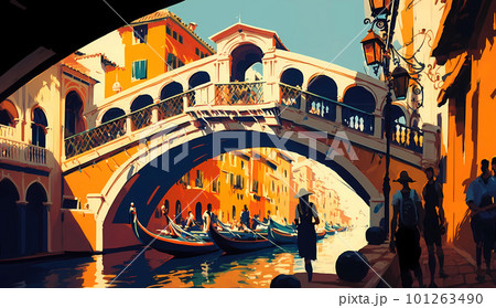 Illustration of the beautiful city of Venice. City of gondoliers, bridges, carnivals and love. Italy 101263490