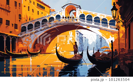 Illustration of the beautiful city of Venice. City of gondoliers, bridges, carnivals and love. Italy 101263504