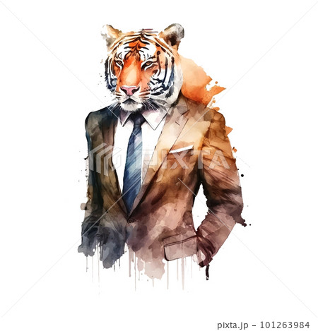 Tiger in fashionable suit character for souvenirs print on fabric, banner, postcard Watecolor illustration Tiger in fashionable suit character for souvenirs print on fabric, banner, postcard Watecolor illustration 101263984