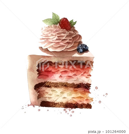 vector watercolor cake, piece of cake. It can be used for card, postcard, cover, invitation, wedding card, mothers day card, birthday card, menu, recipe. 101264000