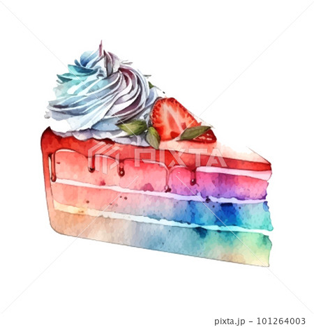 vector watercolor cake, piece of cake. It can be used for card, postcard, cover, invitation, wedding card, mothers day card, birthday card, menu, recipe. 101264003