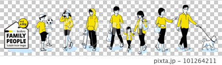 家庭生活方式場景。家庭中各個年齡段的人。老年人、年輕夫婦、兒童、青少年。 101264211