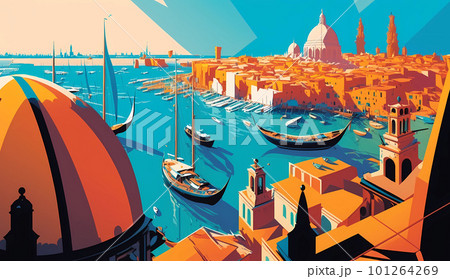 Illustration of the beautiful city of Venice. City of gondoliers, bridges, carnivals and love. Italy 101264269
