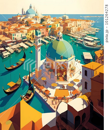 Illustration of the beautiful city of Venice. City of gondoliers, bridges, carnivals and love. Italy 101264278