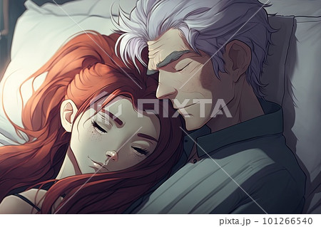 Anime girl sleeping with a man in bed, manga style illustration generative ai Anime girl sleeping with a man in bed, manga style illustration generative ai 101266540