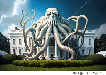 Giant octopus holding washington dc white house with tentacles illustration generative ai 101266546