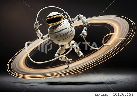 astronaut robot jumping saturn rings rope illustration generative ai 101266552