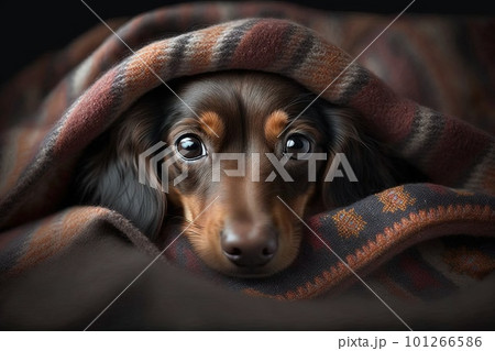 Dachshund dog nose emerging from blanket illustration generative ai 101266586