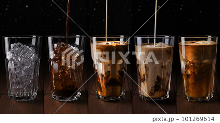 Coffee collage. Set with different stages of Iced coffee with milk in tall glass on dark background. Milk pouring into glass with ice cube and coffee.Van be used as Menu, recipe, banner, poster Coffee collage. Set with different stages of Iced coffee with milk in tall glass on dark background. Milk pouring into glass with ice cube and coffee.Van be used as Menu, recipe, banner, poster 101269614