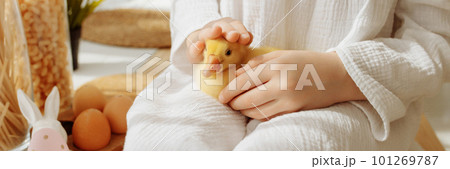 A child girl in a white dress holds a duck in her arms. A child girl in a white dress holds a duck in her arms. 101269787