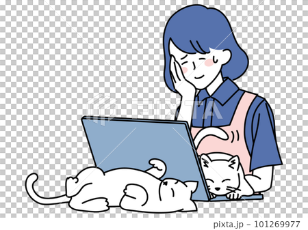 A woman whose work is disturbed by a cat A woman whose work is disturbed by a cat 101269977