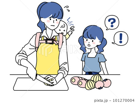 赤ちゃんをおぶって料理をする女子高校生 101270004