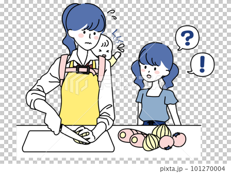 赤ちゃんをおぶって料理をする女子高校生 101270004