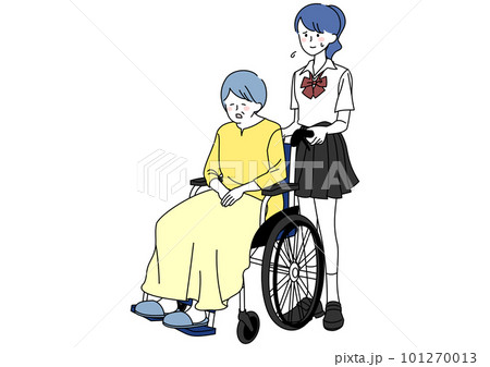 祖母の車いすを押す疲れた女子高校生 101270013