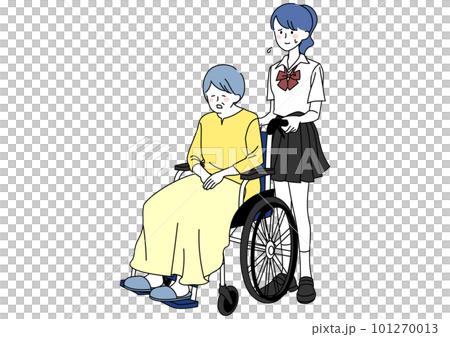 祖母の車いすを押す疲れた女子高校生 101270013