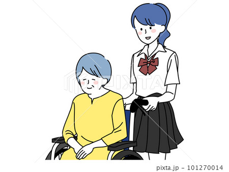 祖母の車いすを押す女子高生 101270014