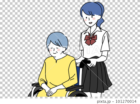 祖母の車いすを押す女子高生 101270014