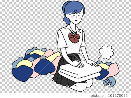 A high school girl who is fed up with a lot of laundry A high school girl who is fed up with a lot of laundry 101270033