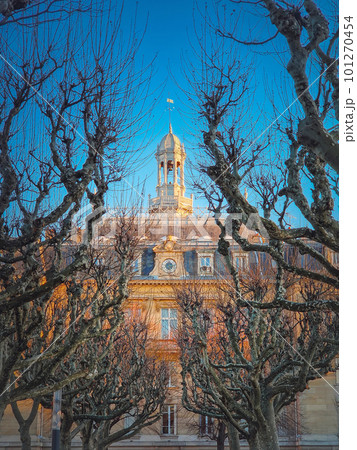 City Hall of Asnieres as seen through the sycamore trees alley outdoors in the park. Asnieres sur Seine mairie backyard facade view, northwestern suburb of Paris, France 101270454