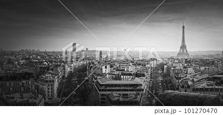 Black and white Paris panorama. Romantic aerial view over rooftops to the Eiffel Tower, France. Holiday destination, sightseeing parisian cityscape scene, historic landmarks on the horizon Black and white Paris panorama. Romantic aerial view over rooftops to the Eiffel Tower, France. Holiday destination, sightseeing parisian cityscape scene, historic landmarks on the horizon 101270470