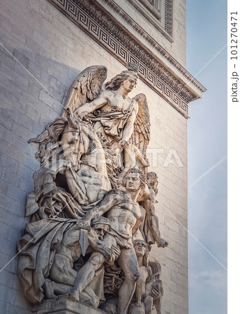 Closeup architectural details of the triumphal Arch, Paris, France. La Resistance de 1814 adorns a pillar of the Arc de Triomphe Closeup architectural details of the triumphal Arch, Paris, France. La Resistance de 1814 adorns a pillar of the Arc de Triomphe 101270471