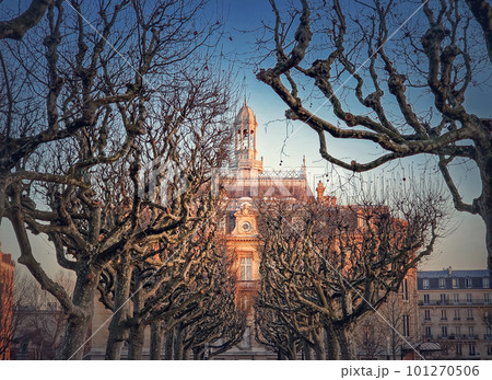 City Hall of Asnieres as seen through the leafless sycamore trees alley outdoors in the park. Asnieres-sur-Seine mairie backyard facade view in sunset light, northwestern suburb of Paris, France 101270506