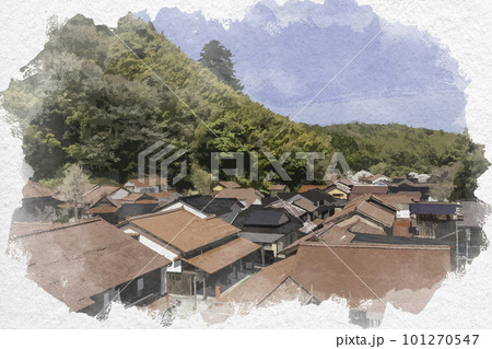 水彩画風　石見銀山大森町並み　島根県大田市 101270547