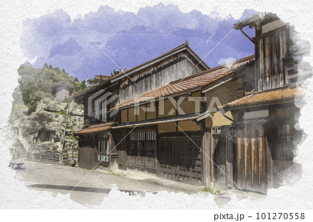 水彩画風　石見銀山大森町並み　島根県大田市 101270558