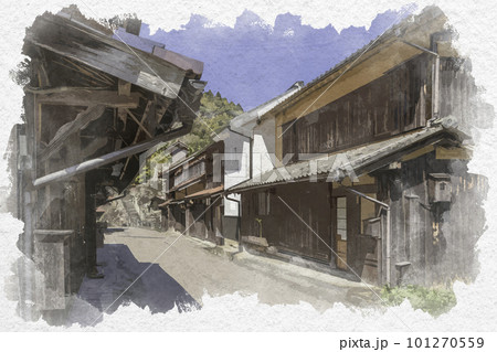 水彩画風　石見銀山大森町並み　島根県大田市 101270559