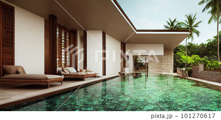 Luxury with tropical Jungle villa resort luxurious swimming pool. Generative AI illustration 101270617