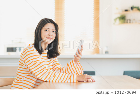 リビングでスマホを使う若い女性 リビングでスマホを使う若い女性 101270694