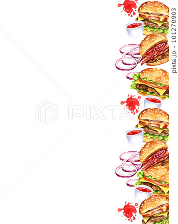 vertical border with different tasty burgers, onion, sause, splashes, watercolor hand drawn illustration isolated on white background 101270903