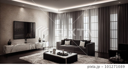 Large luxury modern elegant interiors Living room mockup. Modern style of furniture decoration. Generative AI illustration. 101271089