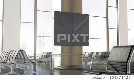 Blank black led display in airport lounge mockup, side view Blank black led display in airport lounge mockup, side view 101271429