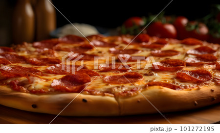 Pepperoni Pizza on Wooden Tray: A Classic and Fragrant Delight. Generative AI Pepperoni Pizza on Wooden Tray: A Classic and Fragrant Delight. Generative AI 101272195