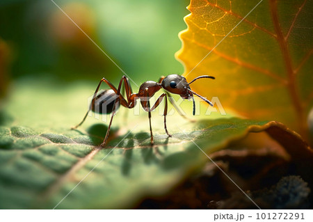Macro Shot of Ant Carrying Leaf in Forest Habitat on Summer Day. Generative AI 101272291