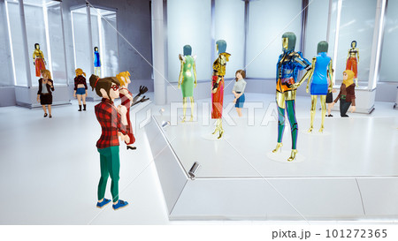 Metaverse avatars of people shopping in digital clothing shop, 3d render 101272365