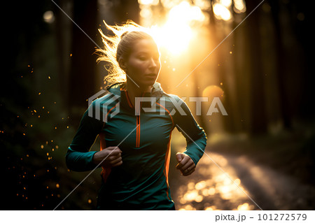 Female Trail Runner Running on Forest Path with Bokeh Lights and Orange Glow. Generative AI Female Trail Runner Running on Forest Path with Bokeh Lights and Orange Glow. Generative AI 101272579