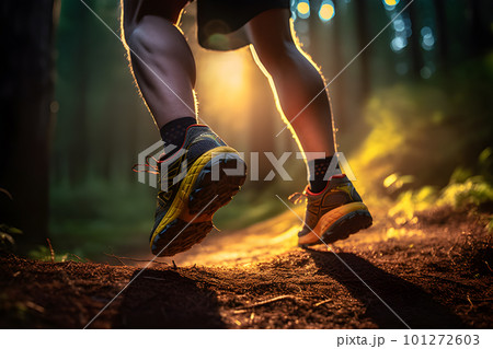 Morning Trail Run: Close-up of male Runner's Legs and Shoes with Abstract Bokeh Lightcreated. Generative AI 101272603