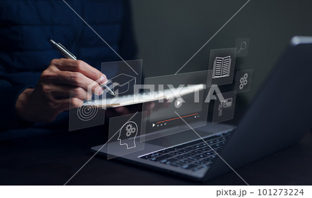 Student or man use computer for elearning, education online, Internet Technology webinar, Online courses, Online seminar, meeting, research, study, and knowledge database. study lessons on Internet, 101273224