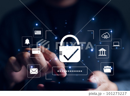 Businessman using mobile phone secure encryption technology. Cybersecurity privacy of data protection, security Internet access, security encryption of user private data, business confidentiality. 101273227
