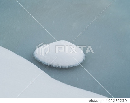 Selective focus. Spring ice, small snowy round island on melting ice. Abstract natural background. 101273230