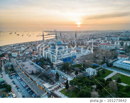 Aerial drone view of The Blue Mosque in Istanbul at sunset, Turkey 101273642
