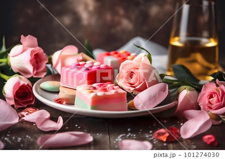 Composition with handmade soap and roses. Festive spa background. Generative AI illustration Composition with handmade soap and roses. Festive spa background. Generative AI illustration 101274030