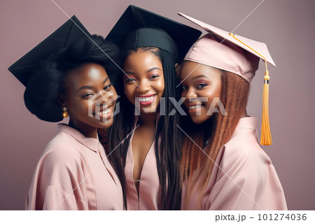 Group of Beautiful black american young woman wearing a graduation cap. Study, education, graduate concept. Generative AI illustration 101274036