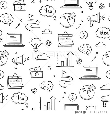 Business idea doodle seamless pattern background. Business success, creative idea concept doodle drawn sketch style pattern with lightbulb, megaphone, calendar element. Vector Business idea doodle seamless pattern background. Business success, creative idea concept doodle drawn sketch style pattern with lightbulb, megaphone, calendar element. Vector 101274334