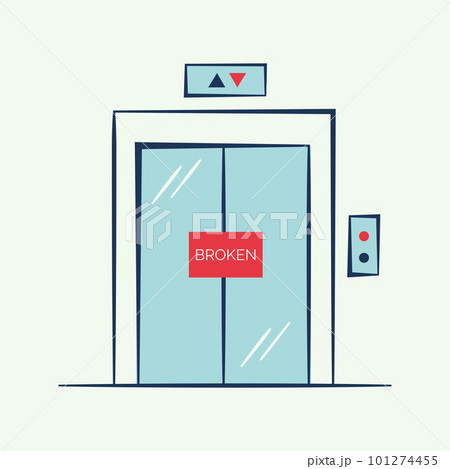 Broken home passenger elevator with warning sign. Device for lifting and lowering people.  101274455
