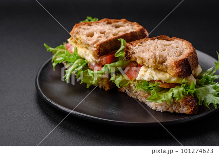 Delicious caprese sandwich with grilled toast, mozzarella, lettuce and tomatoes 101274623